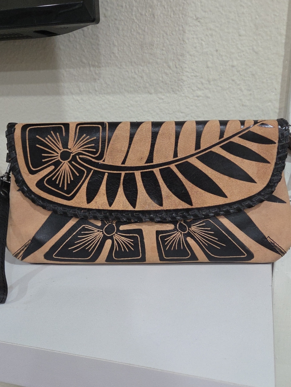 Patricia Nash Unique Leather EmbossedTan and Black Floral Leaf  Clutch/crosdbody
